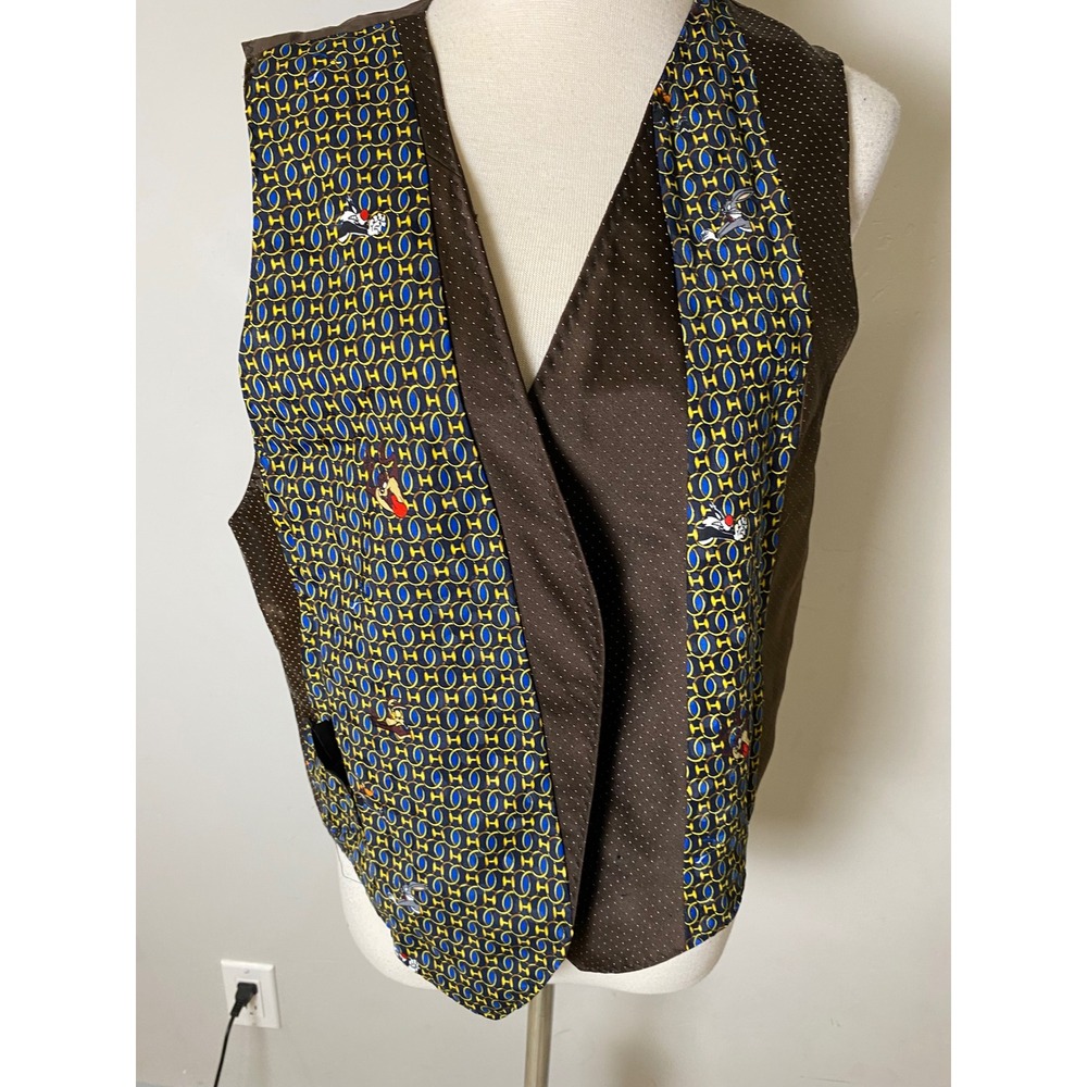 Vintage Looney Tunes Character Vest Brown Blue Bugs Bunny Taz Mixed Print